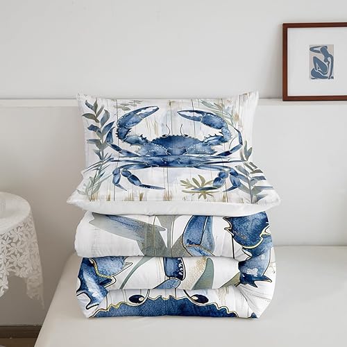Miniatura 5 de Erosebridal Juego de edredón de cangrejo tamaño King, juego de ropa de cama con acuarela, vida marina, animales salvajes, edredón de plumón azul y