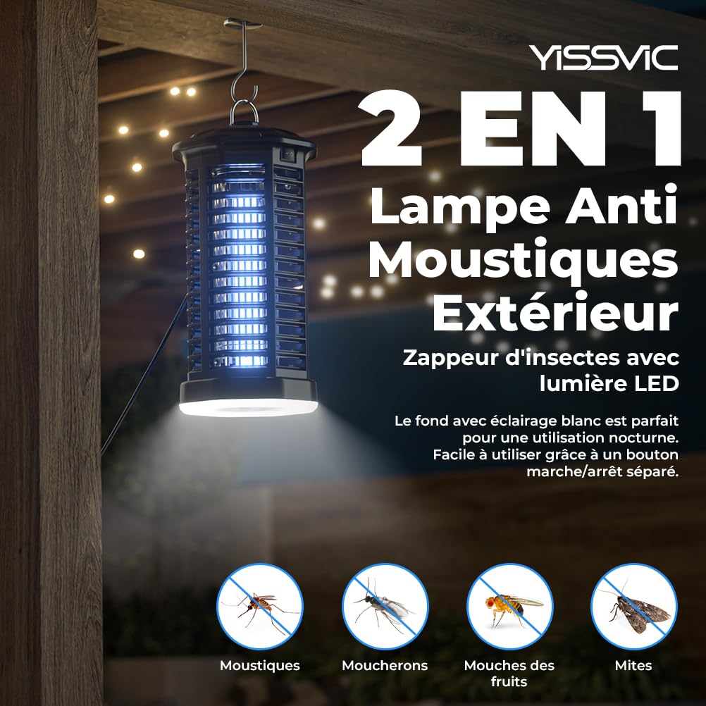YISSVIC Lampe Anti Moustique 4200V Appareil Anti Mouche 15W Tueur Mouche Electrique IPX4 avec Éclairage LED Lutte Contre Moustiques Mouches et Autres Insectes Volants pour Interieur et Extérieur