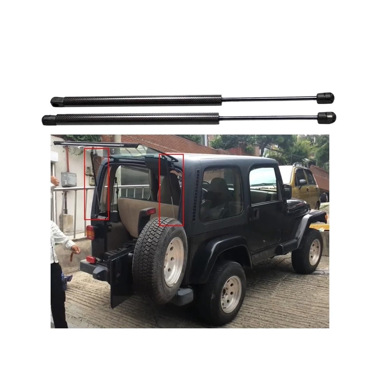 2 sztuki automatycznych amortyzatorów gazowych do tylnej szyby, amortyzatory do Jeep do Wrangler, do serii TJ 1997-2006, 645 mm, rozpórki tylnej klapy bagażnika (niebieskie włókno węglowe)