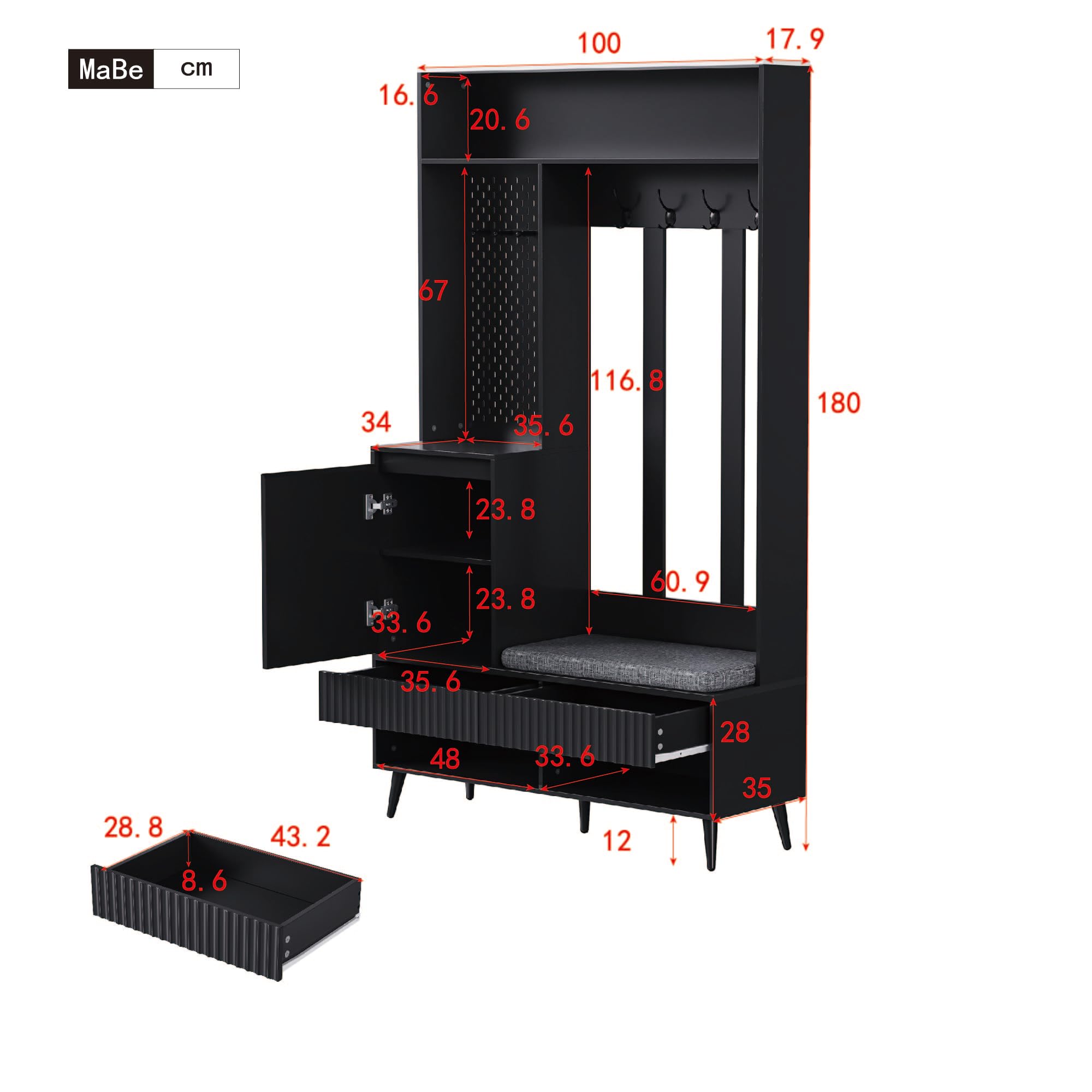Juego de muebles de entrada que incluye un perchero y un banco para zapatos, vestuario de pared de entrada con 4 ganchos, dos cajones, 1 puerta, y un práctico panel de pared perforado para el pasillo