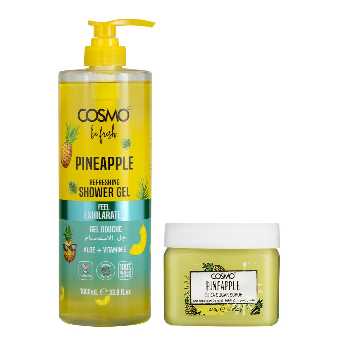 Cosmo Skin Care Be Fresh Pineapple Refreshing Shower Gel 1000ml & Shea Sugar Scrub 450g Combo | Body Wash With Aloe & Vitamin E | Deep Exfoliating Scrubber For Soft, Glowing Skin | For Men & Women-image-32