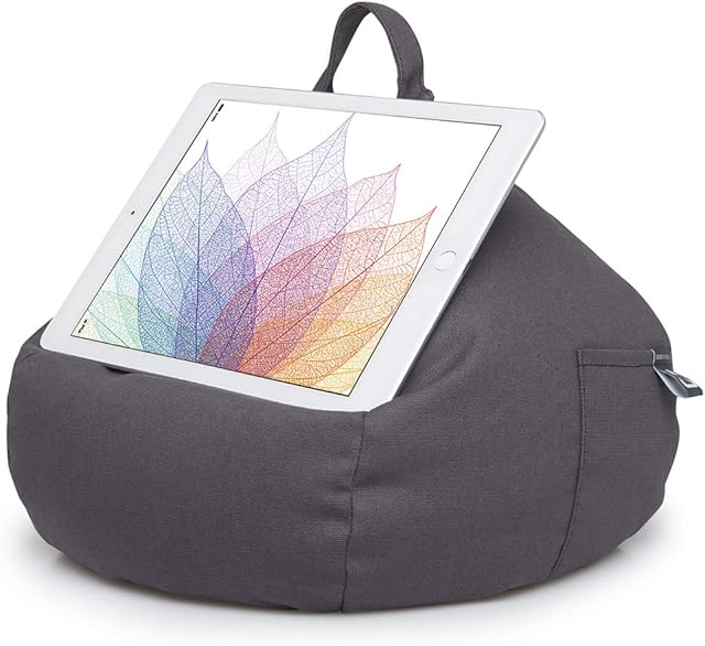 iBeani iPad and Tablet Cushion Stand - Bean Bag Holder For All Devices - Securely Holds at Any Angle on Any Surface - Handy Side Pocket - Range of Designs - Grey