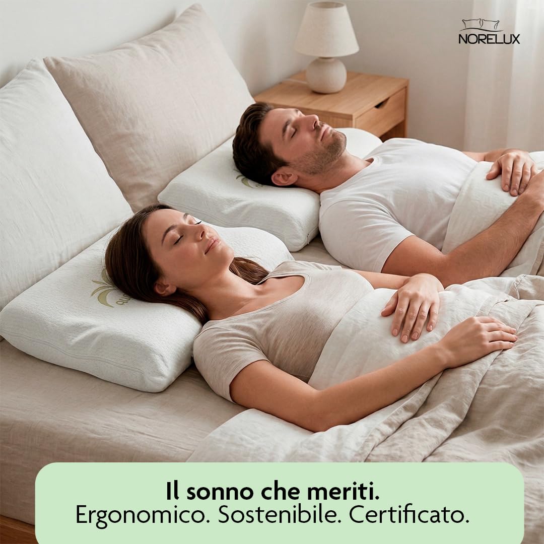 NORELUX Cervical Cuscino Cervicale Forato a Doppia Onda in Memory Foam, Fodera in Aloe Vera, Guanciale Viscoelastico per Supporto a Testa e Collo, OEKO-TEX Standard 100, 67x42x9/11cm, Made in Italy