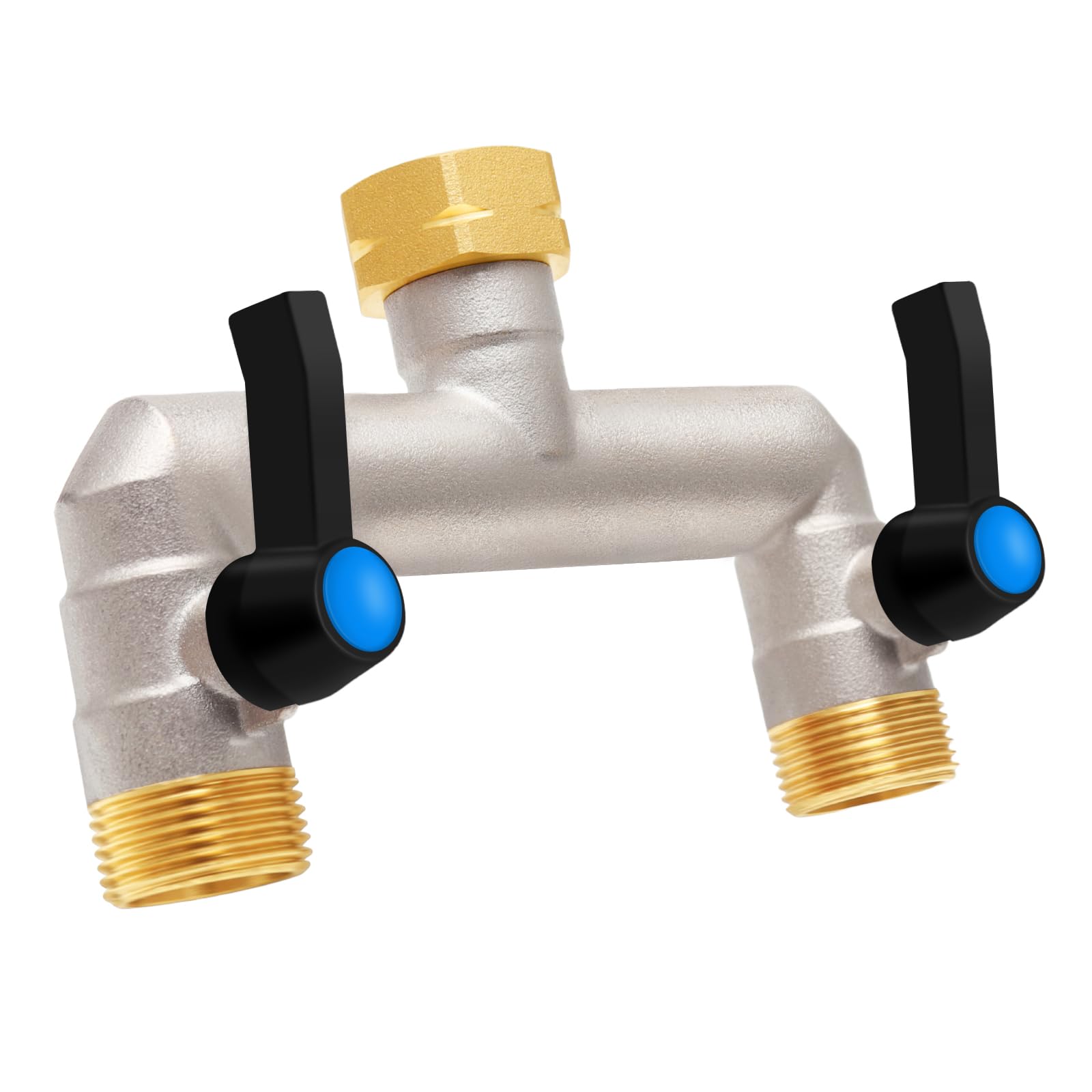 OPERMAXER 2-Wege Verteiler [Großer Durchfluss], 3/4 Zoll Wasserhahn Wasserverteiler aus Vernickeltem Messing, Verlängerter Metallgriff, Größerer Auslass für eine Effizientere Gartenbewässerung
