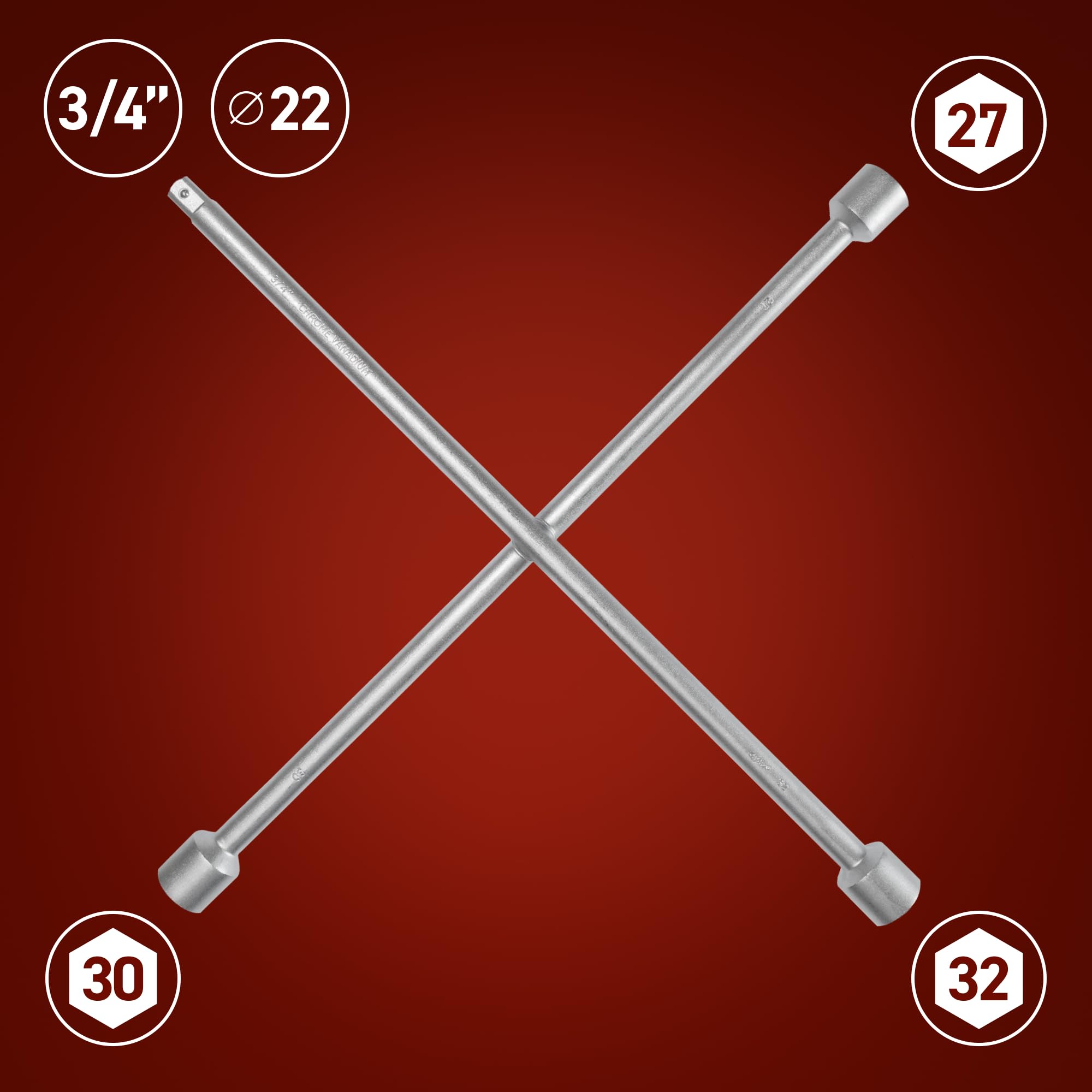 Klucz krzyżak do kół 3/4 cala, CrV 27/30/32 mm, 700 mm | Stal CrV, DIN 3121, Końcówka kwadratowa 3/4 cala, Ø22 mm, 4,50 kg