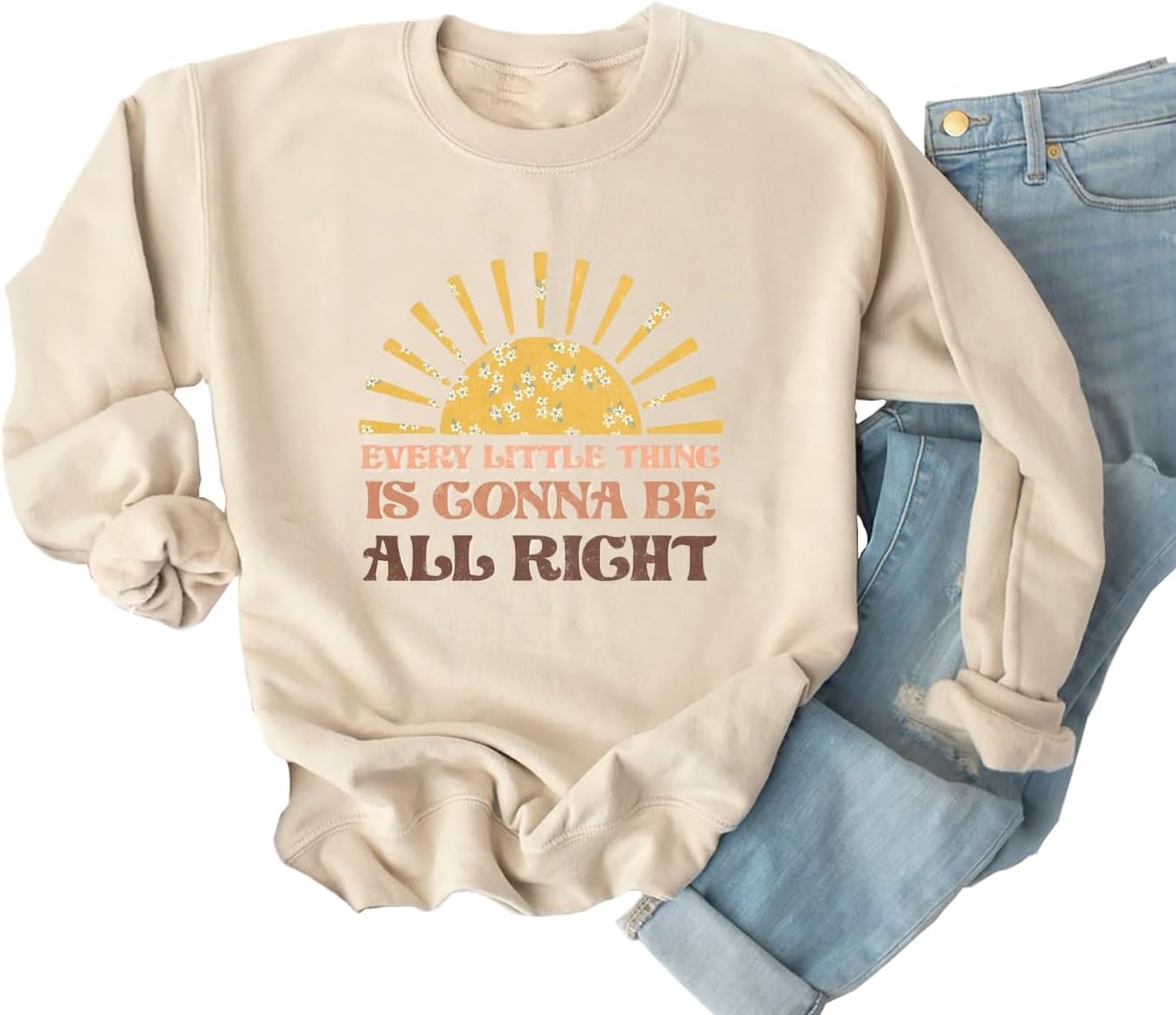 Ykomow Every Little Thing Is Gonna Be Alright SweatShirt Womens Inspirational Graphic Tees Faith T Shirt
