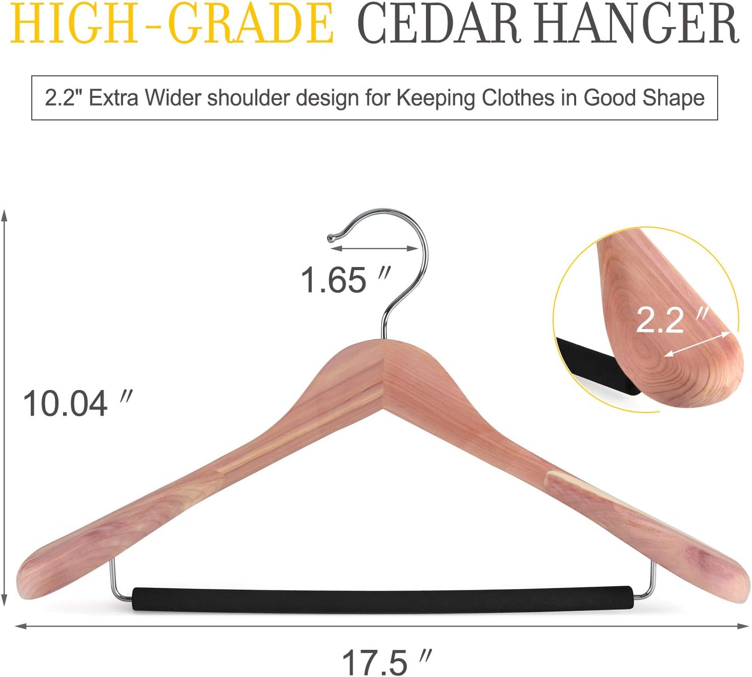 TOPIA HANGER Unfinished American Red Cedar Wood Coat Suit Hangers, Luxury Wooden Jacket Clothes Hangers, Wide Shoulder with Black Padded Pant Bar- 360°Flexible Hook, 4 Pack- Natural- CT07W - Image 2