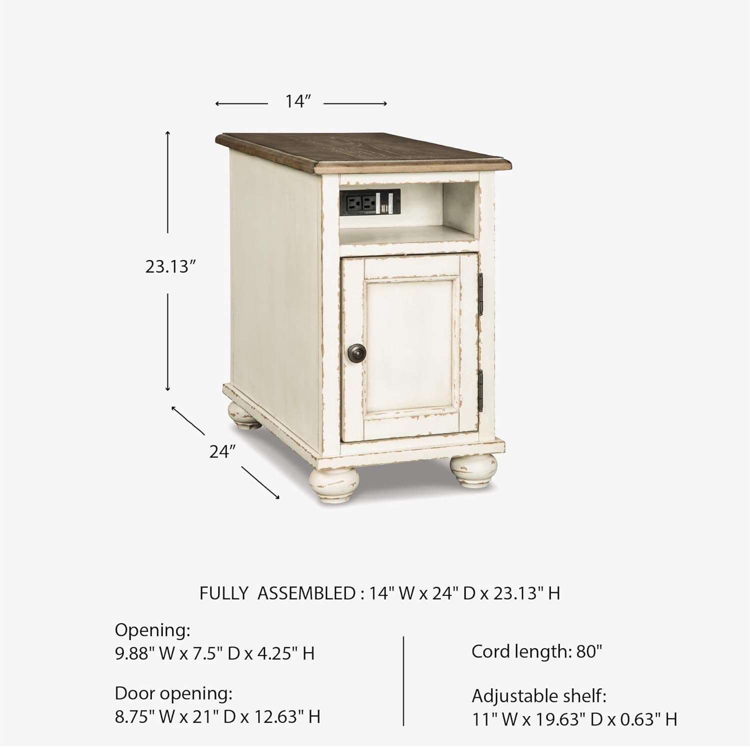 Signature Design by Ashley Realyn French Country Chair Side End Table, Cabinet Storage with Shelf, Outlets and USB Ports, Wood, 14" W x 24" D x 23.13" H, Cream