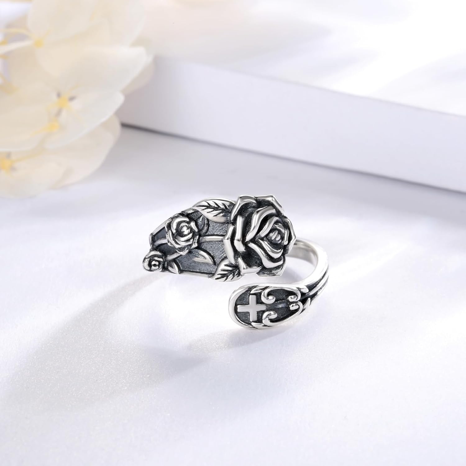 Sariel 925 Sterling Silver Spoon Ring - Vintage Adjustable Rose Flower Spoon Rings for Women Flower Wide Thumb Ring - Image 2