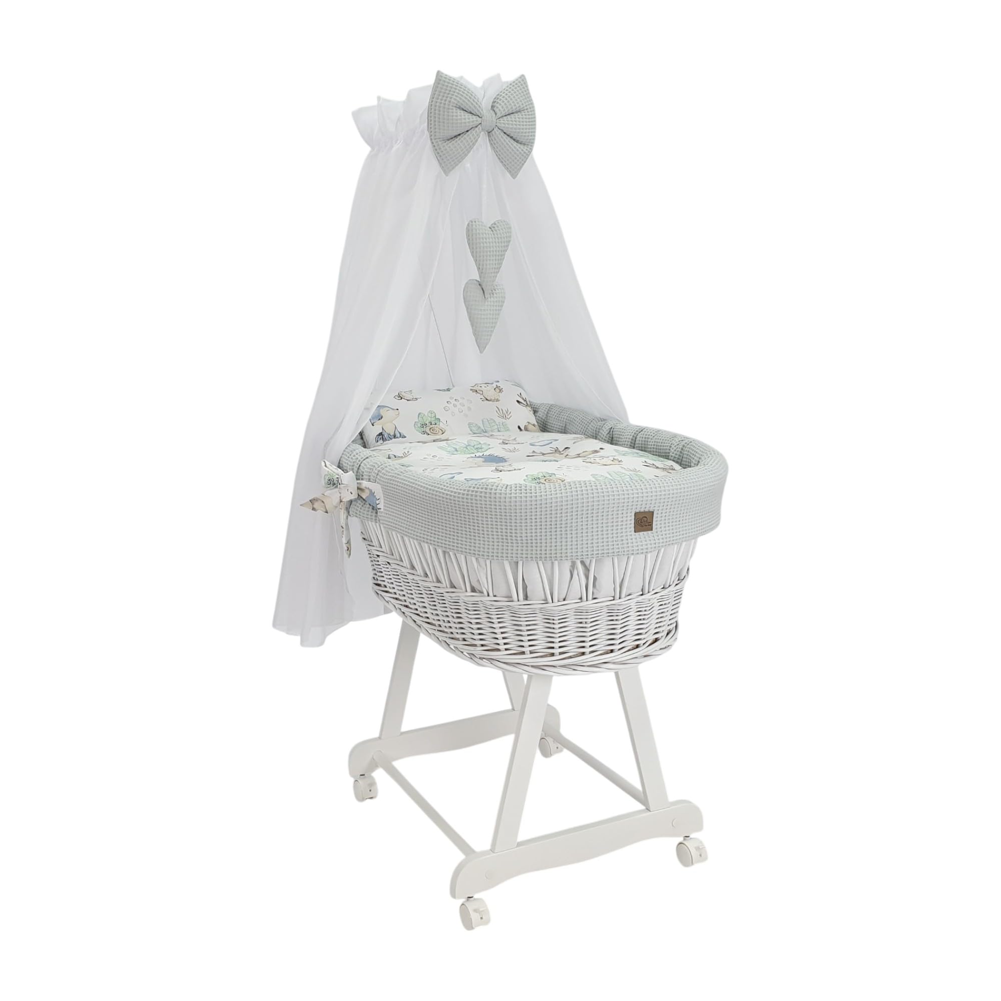Wiklinopol Cestino Moses con baldacchino Lena – Culla in vimini con struttura – Cestino bianco, set completo con biancheria a nido d’ape 5 pz. Riccio & amici bianco – Con ruote, portatile, sicuro