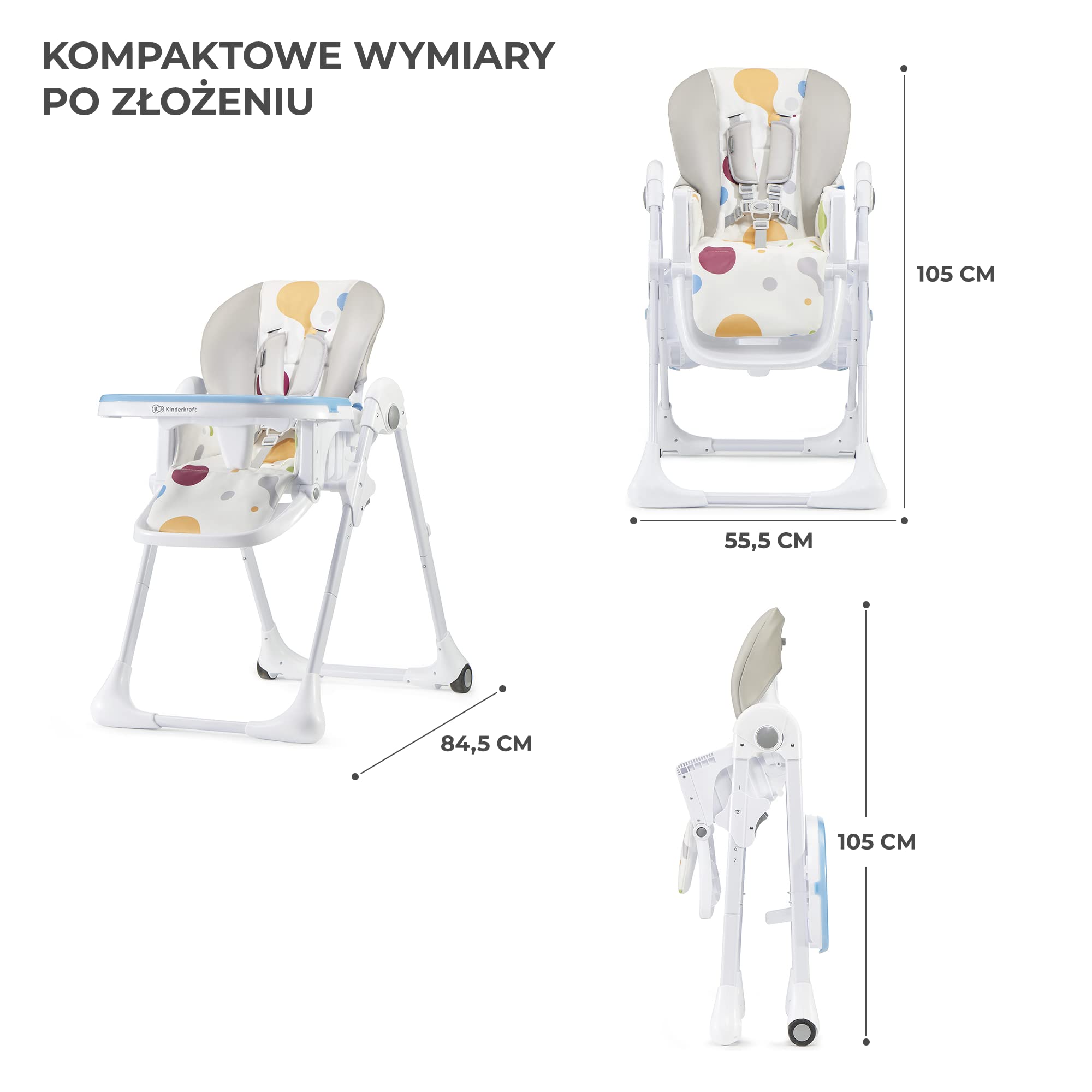Kinderkraft Krzesełko do karmienia YUMMY, Krzesło, Zdejmowana tacka, Regulacja wysokości, Regulowane oparcie i podnóżek, Proste składanie, Łatwy w czyszczeniu, Kółka ułatwiające transport