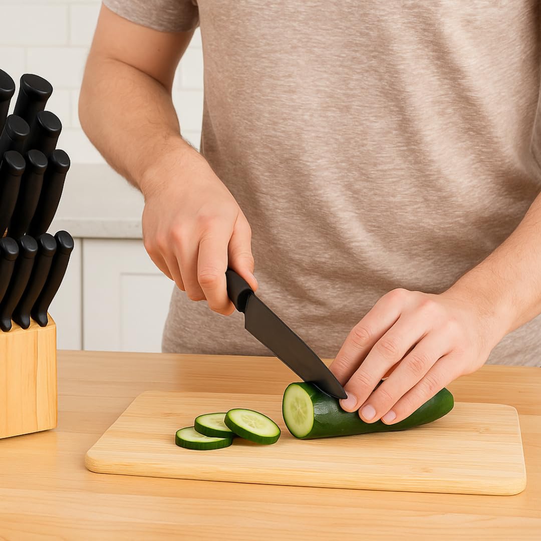 PARENCE.- Juego de cuchillos de cocina de 14 piezas con bloque de madera - hojas de acero inoxidable revestido de negro, cuchillo de chef, pan, bistec + tijeras