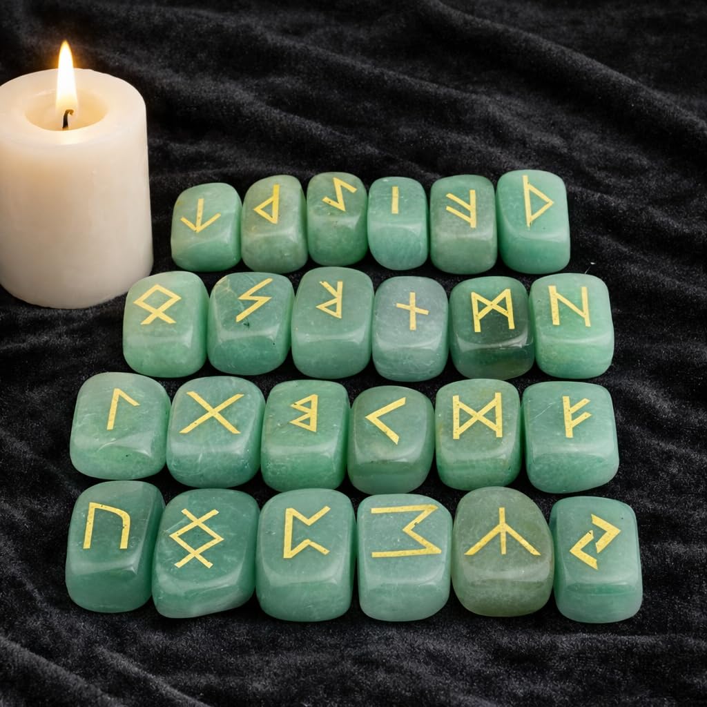Whitewhale Green Aventurine Rune Stones Tumbled Engraved Lettering Crystal Set Healing Chakra Reiki