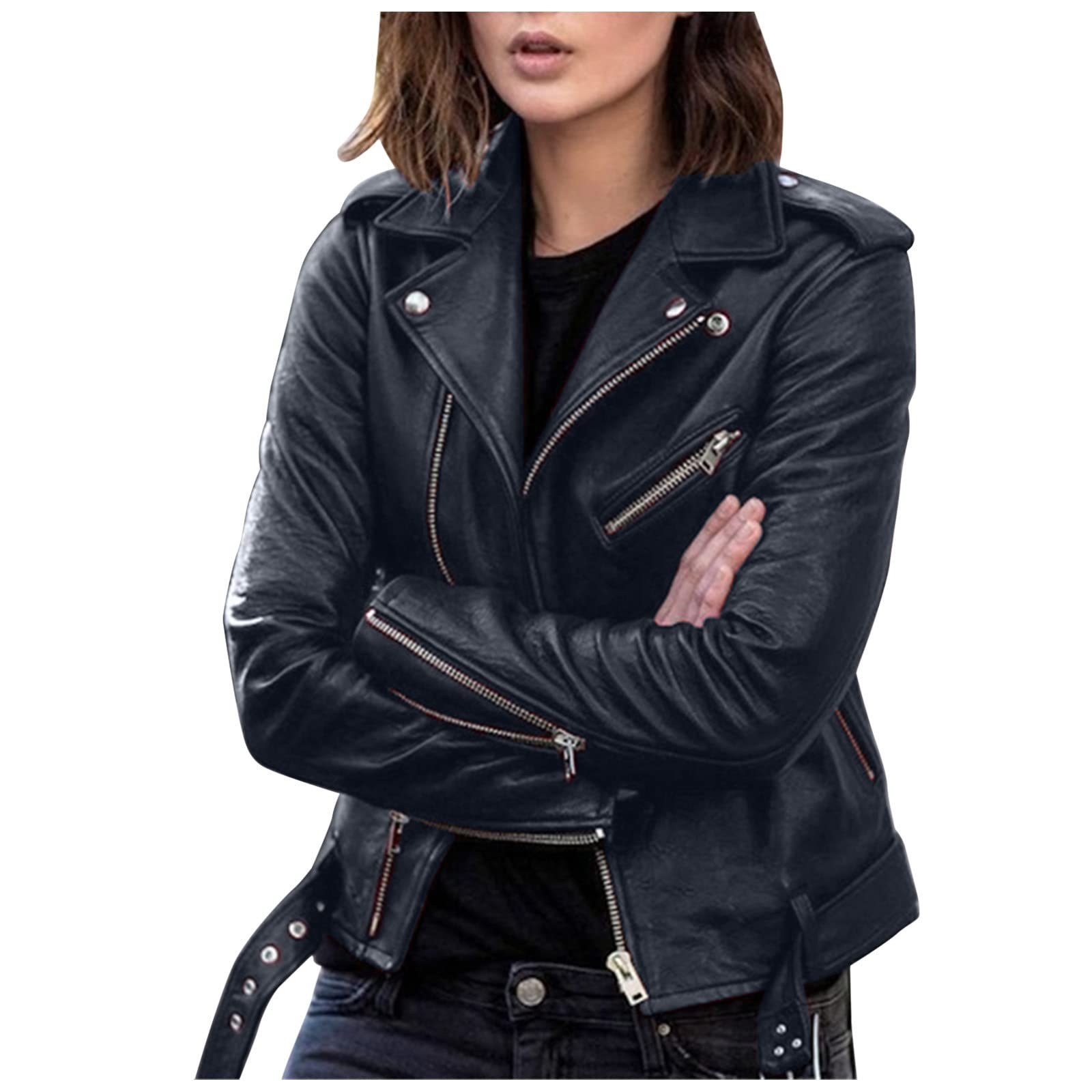 Chaqueta mujer nueva Slim cuero cuello alto cremallera costura color sólido