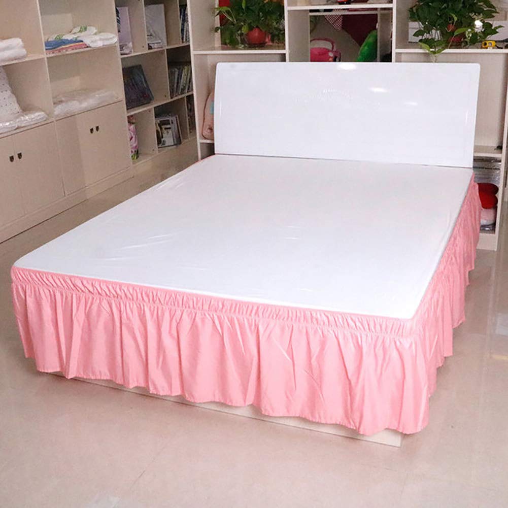 Cache-sommier élastique rose 180x200 avec volants plissés de 40 cm pour grand lit