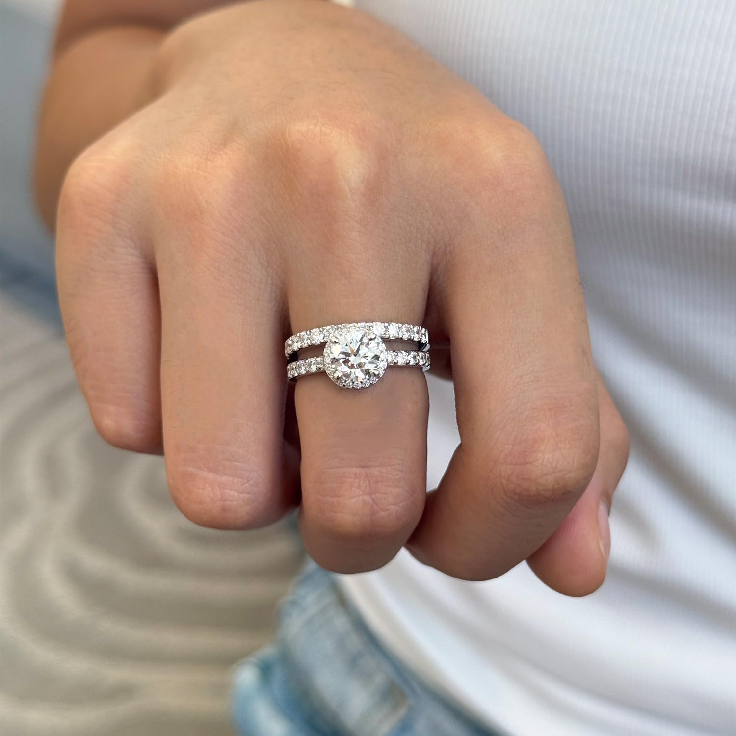 AGVANA Halo of Devotion 0.6-1.3 Ct. Tw. Lab Grown Diamond Halo Engagement Ring in Sterling Silver (0.3-1 Carat Main Stone) Promise Anniversary Wedding Ring for Women (D-E Color, VS Clarity) - Image 3