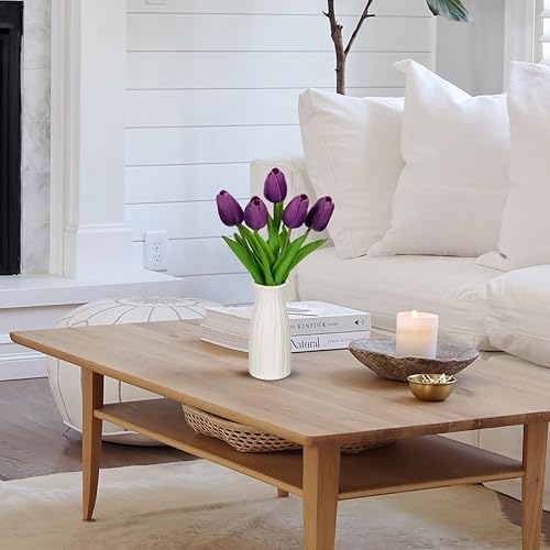 Miniatura 5 de Briful Paquete de 2 tulipanes artificiales de flores sintéticas con jarrón de cerámica, tulipanes morados de espuma de polietileno, arreglo floral