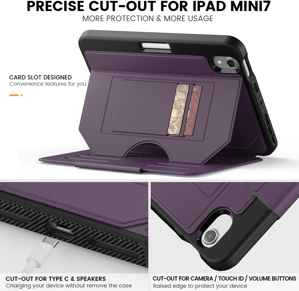 Case for iPad mini 7 (A17 Pro) 2024/ Mini 6 2021 8.3 Inch: Shockproof Rugged Protective Cover with Pencil Holder, Auto Wake/Sleep, Magnetic Multi-Angles Stand, Card Slot, Purple