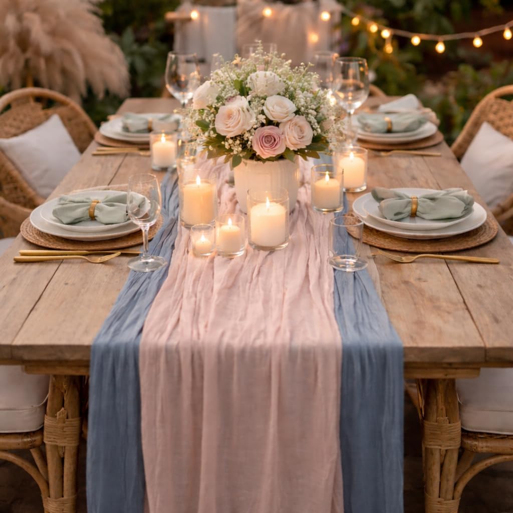 Cheesecloth Table Runner 2 Pack Sage Green and Dusty Pink, Boho Gauze Table Runner 10Ft 120 Inches Long for Wedding Decor, Party & Home Table Decoration