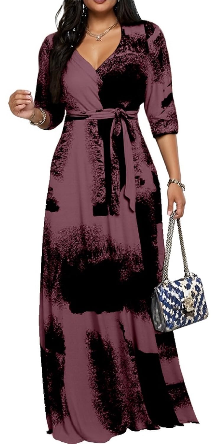 Women's Church Maxi Wrap V Neck 3/4 Sleeve Tie Waist Plus Size Long Dress