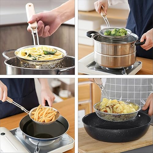Miniatura 3 de Hemoton Colador de malla de acero inoxidable, desnatador redondo de chip francés con asa, cesta para freír servir presentación de alimentos,