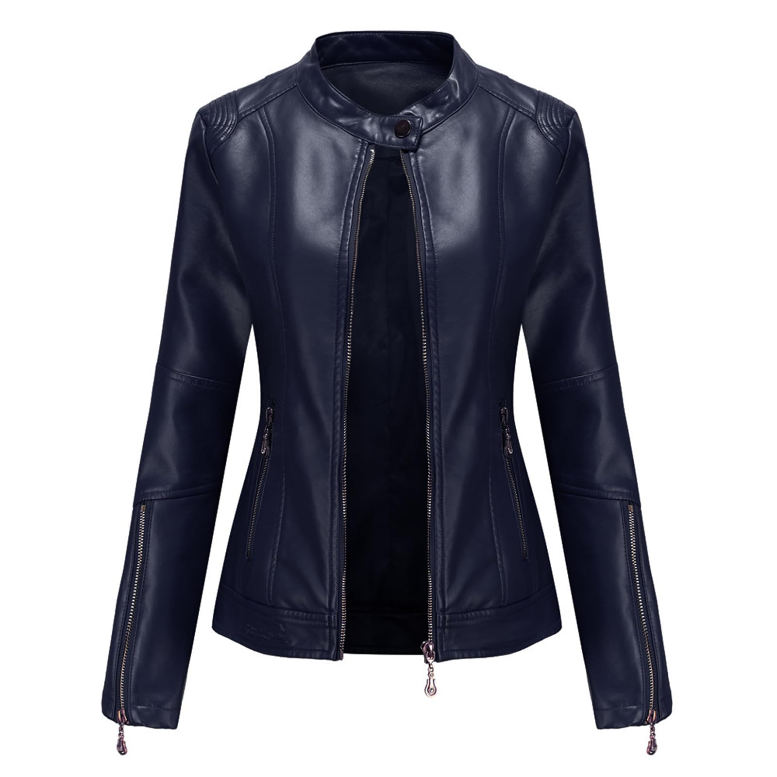 Damen Lederjacke Frauen PU Biker Moto Jacke Zip Up Kurze Jacke Stehkragen Casual Motorrad Mantel
