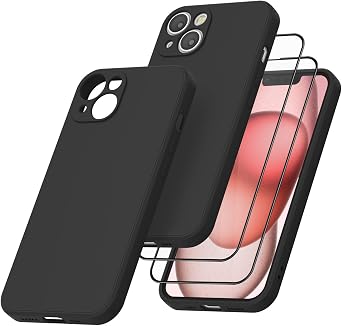Vanjua Designed for iPhone 15 Case and Screen Protector, Stylish Silicone Slim Full-Body Protective Phone Cover for iPhone 15 Case Black
