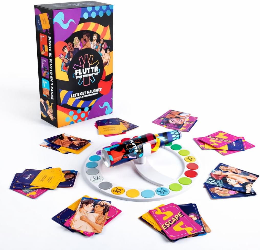 FLUTTR Spin the Bottle Game for Adults – Party Activity for Couples & Friends, 150 Challenge Cards and 50 Escape Cards, Fun Group Night Entertainment, Ages 18+