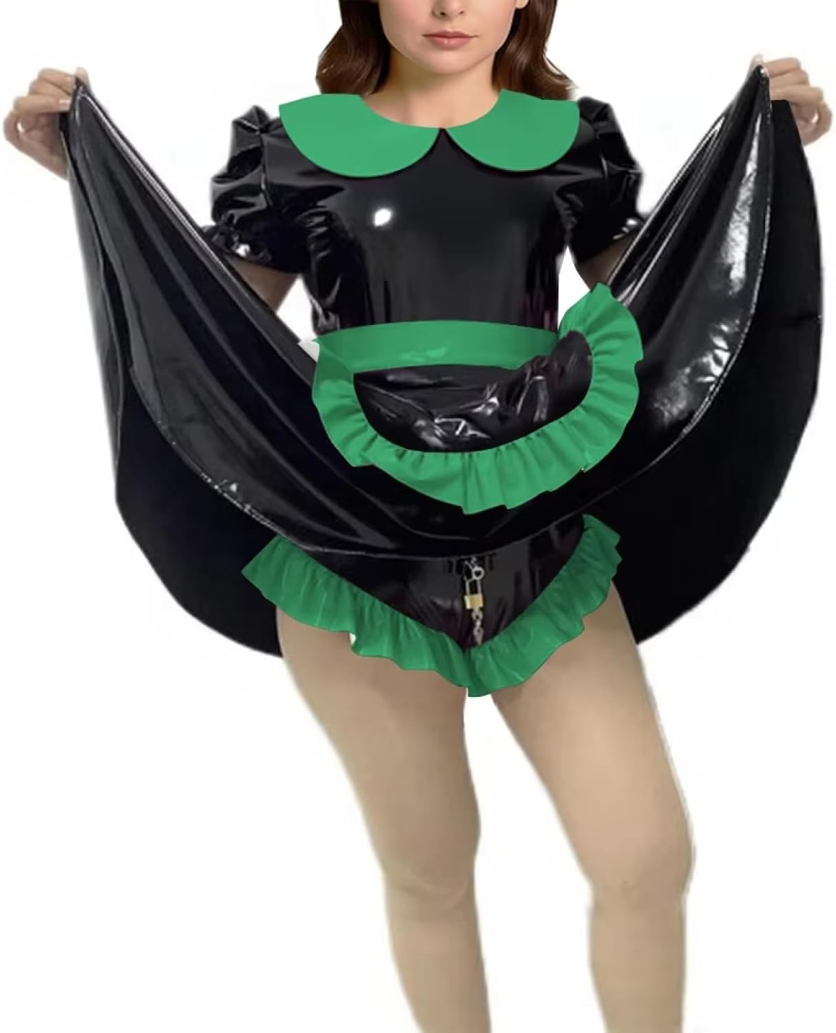 Lockable Peter Pan Collar Bodysuit, Ruffled Apron PVC Leather Costume For Maid Cosplay And Stage Performances