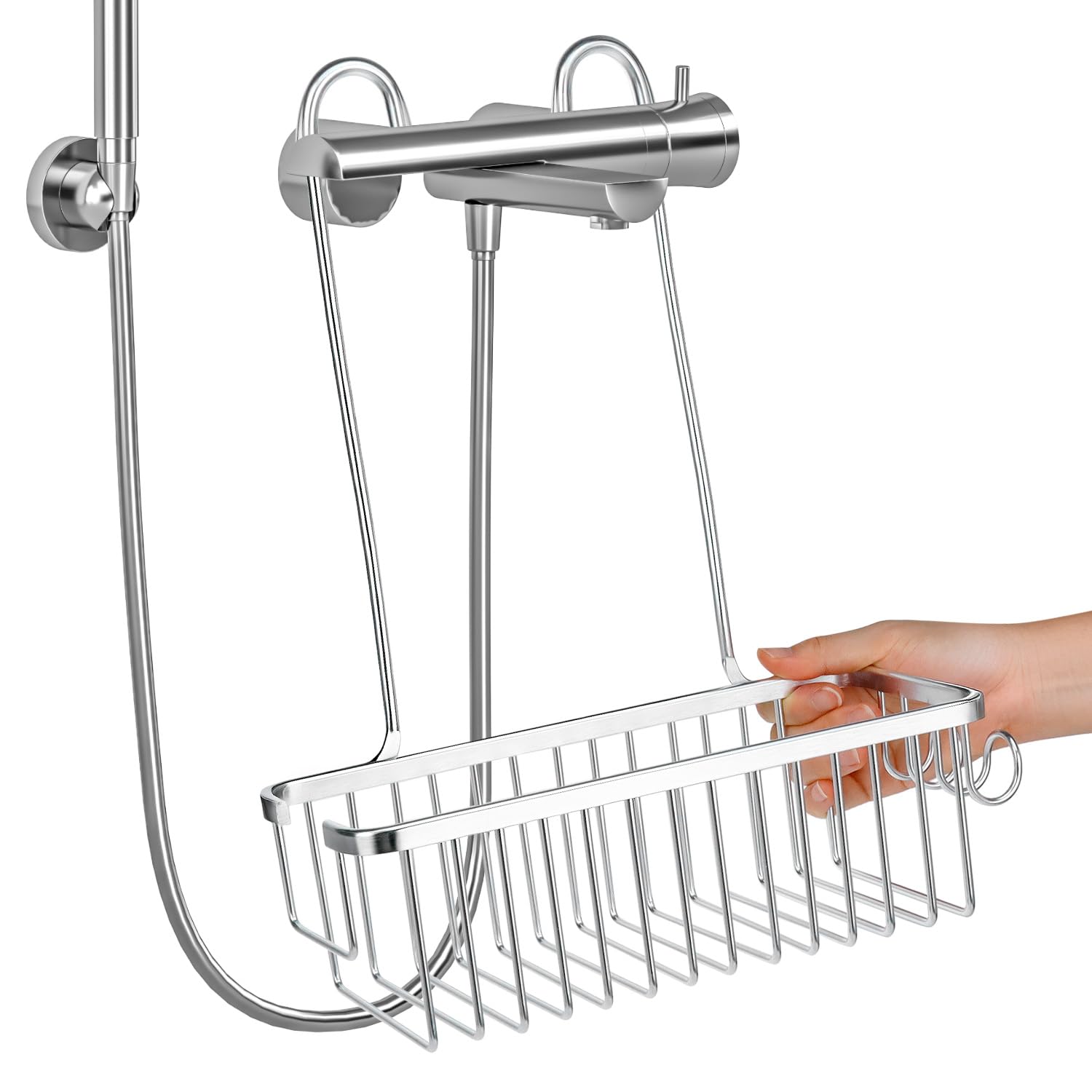 Qwork Silver Qwork® Hanging Shower Caddy 12X4.7 Inch, No-Drill Rustproof Aluminum Shower Organiser Shampoo Holder