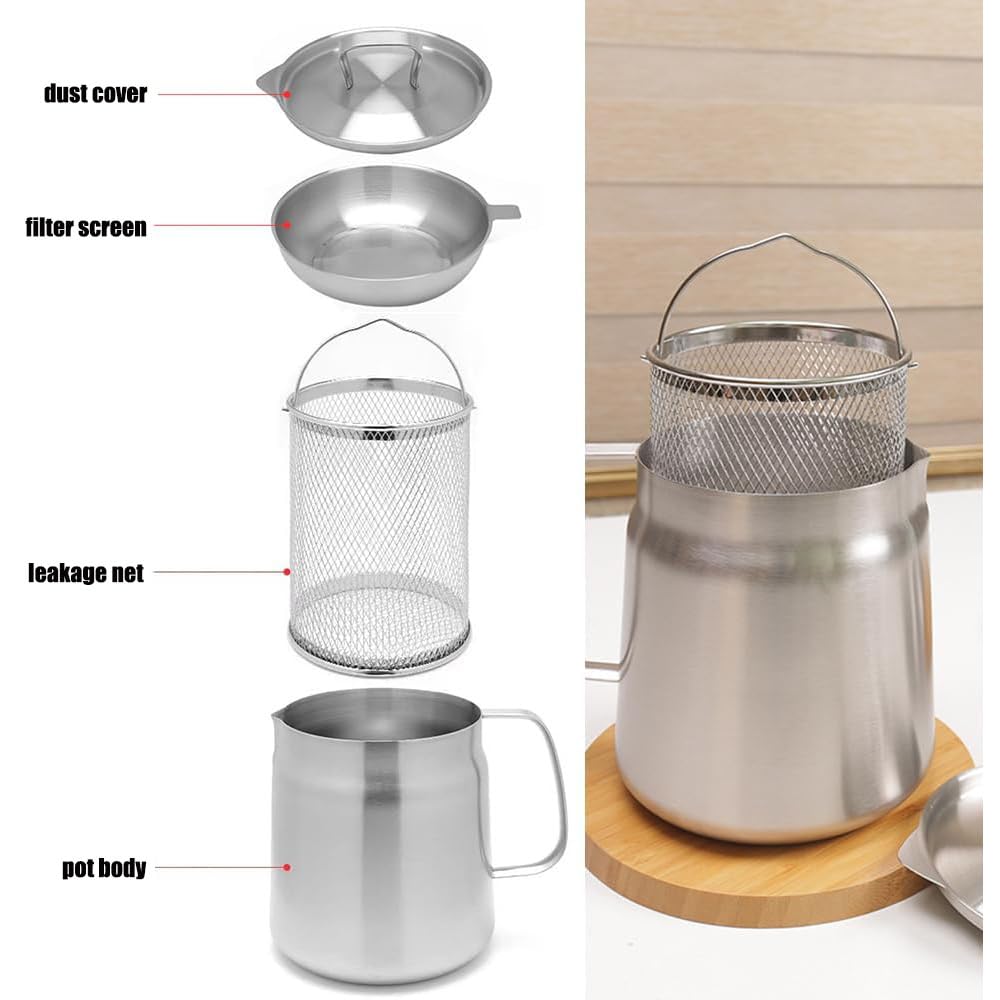 Olla de filtro de aceite de acero inoxidable 304 con colador, recipiente de aceite resistente para cocinar, recipiente de filtro versátil y mini freidora, capacidad de 2.0 L