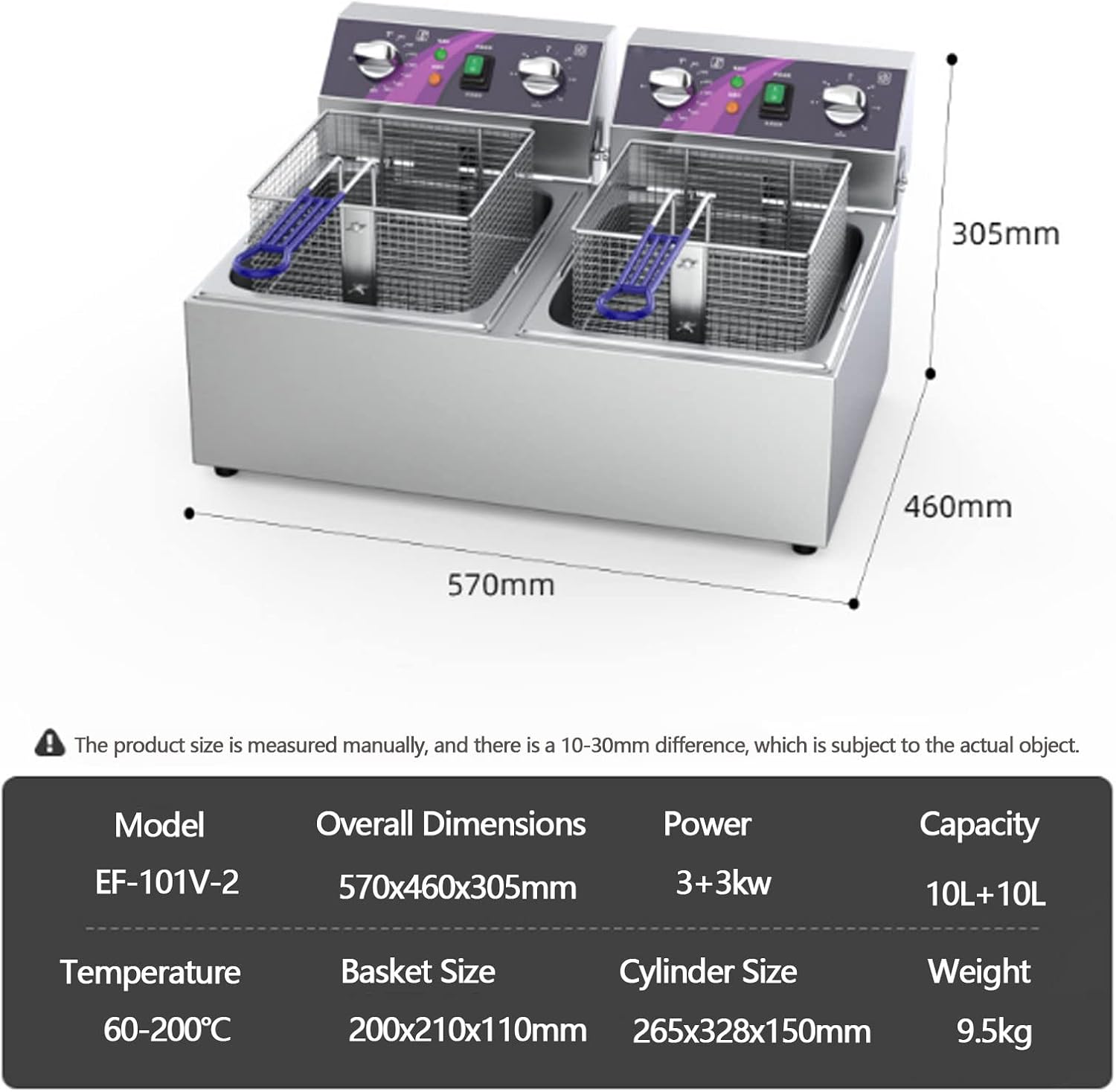 Deep Fryer Tank 10 Litre 20 Litre, Electric Deep Fryer with Basket Stainless Steel Oil Fryer, Stainless Steel Countertop Tank Deep Fryer W/Fryer Basket, for Home Kitchen，Double