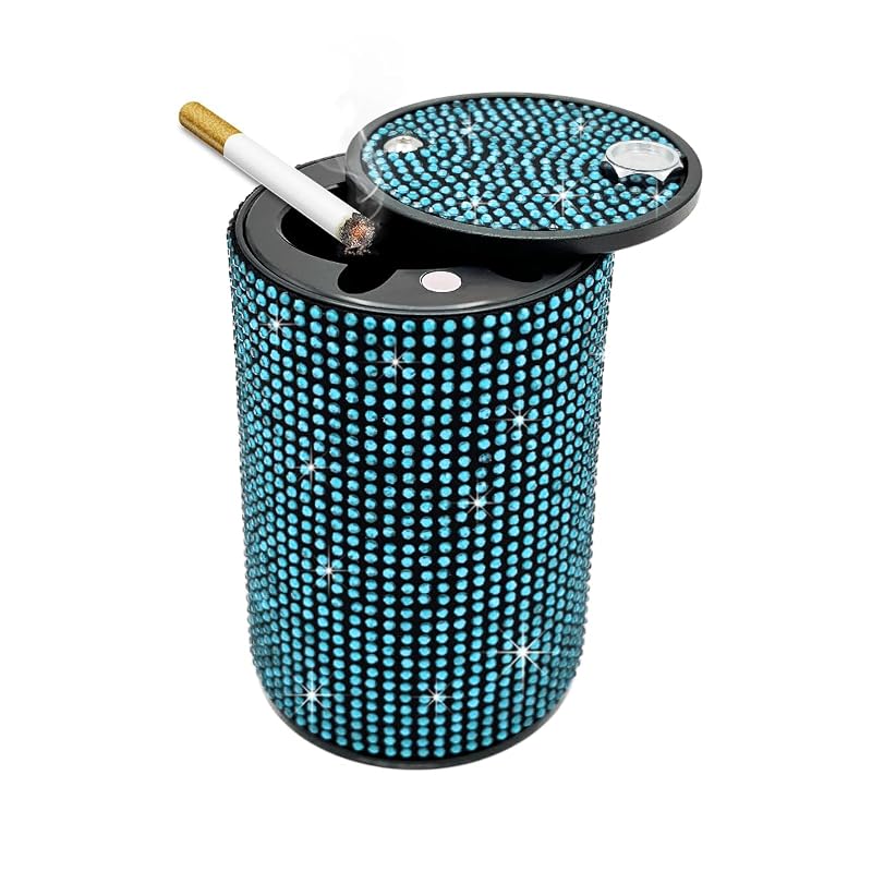Cinzeiro Automotivo com Tampa e Strass Ohleats Bling para Porta-Copos Azul