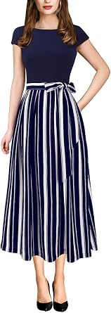 VFSHOW Womens Work Business Casual Church Pockets Belted A-Line Midi Dress