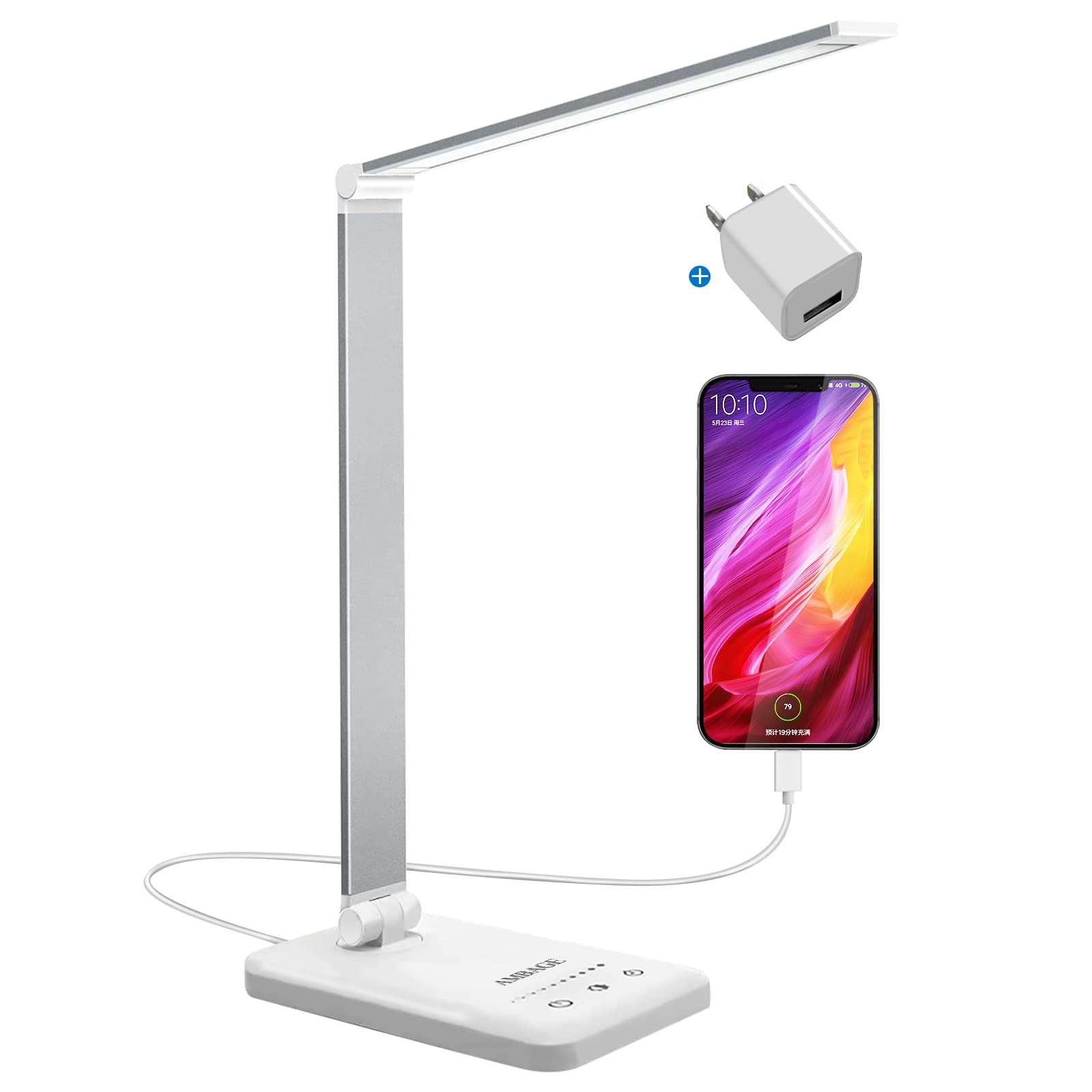 AMBAGE LED Desk Lamp, Touch Control LED Desk Lamps with USB Charging Port, Table Reading Lamp for Home Office Study, 25 Lighting Modes Dimmable 7W White