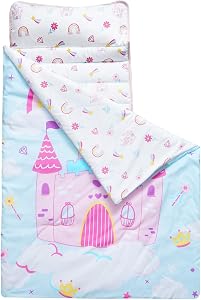 PHF Castle Toddler Nap Mat Set, with Removable Pillow for Toddler Girls, Soft and Lightweight for Daycare, Preschool, Travel, Kindergarten Sleeping Bag, Fits Ages 3-6 Years, Castle