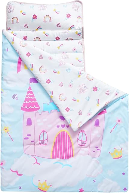 PHF Castle Toddler Nap Mat Set, with Removable Pillow for Toddler Girls, Soft and Lightweight for Daycare, Preschool, Travel, Kindergarten Sleeping Bag, Fits Ages 3-6 Years, Castle