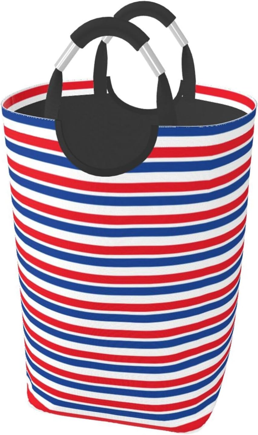 Large Laundry Basket, Red, White and Blue Striped Laundry Hamper Bag Collapsible Washing Bin With Handles for College Dorm, Family Essentials Storage