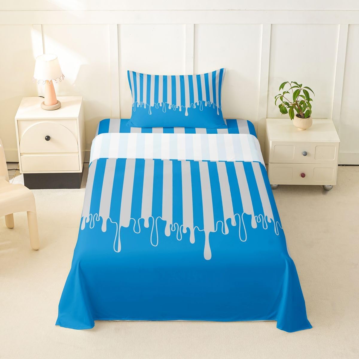 Erosebridal Bright Blue Striped Sheet Set Monochrome Drip Block Art Twin Sheets Set for Toddler Boys,Vertical Dripping Pinstripe Modern Abstract Aesthetic Fitted Sheet