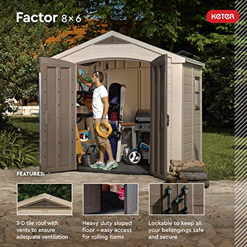 Keter Factor 8X6 Large Resin Outdoor Storage Shed For Patio Furniture, Lawn Mower, Garden Accessories Yard Tools, And Pool Toys, Taupe #TOP2