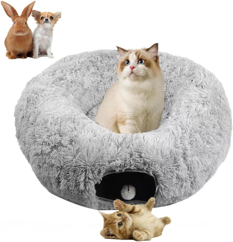 Cat Bed Tunnel Tube Toy Black Plush Round, Collapsible Pet Tunnels for Indoor Cats, Interactive Toys Play Tubes with Hanging Ball for Kitty, Puppy, Rabbit for Fun Playtime & Exercise