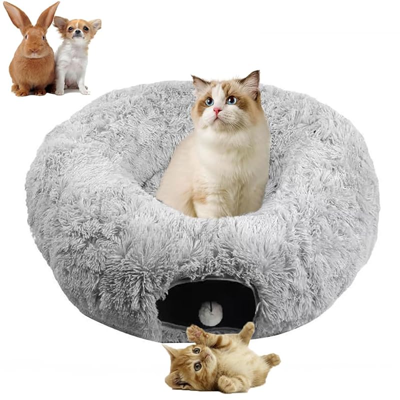 Túnel interativo dobrável de pelúcia para gatos Mabaytir, Cinza Plush O, 1 unidade