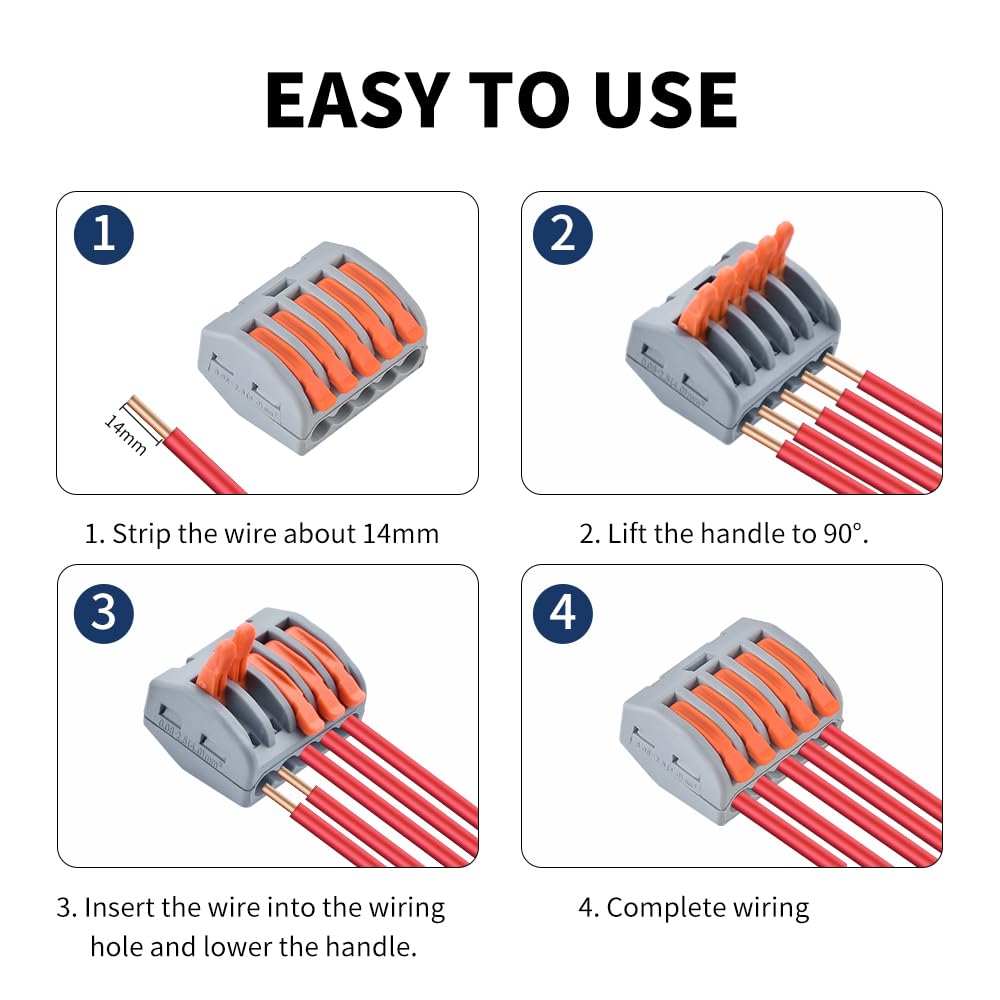 50 conectores de cable de palanca, conectores compactos de empalme de cable eléctrico de 5 conductores para cableado 28-11 AWG