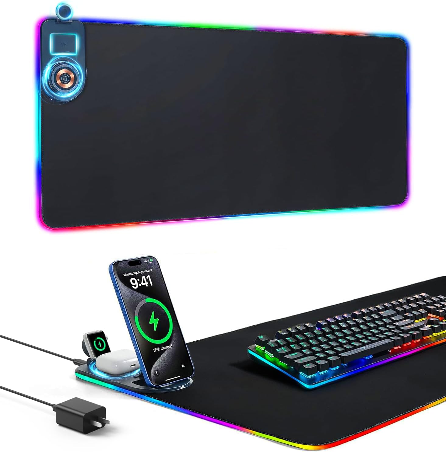 Wireless Charging Mouse Pad, 31.4x12 Inch Large Leather Desk Mat, 15W Fast Wireless Charging with PD Adapter & Phone Stand, Waterproof Anti-Slip Extended Keyboard Pad for PC Laptop (Black)