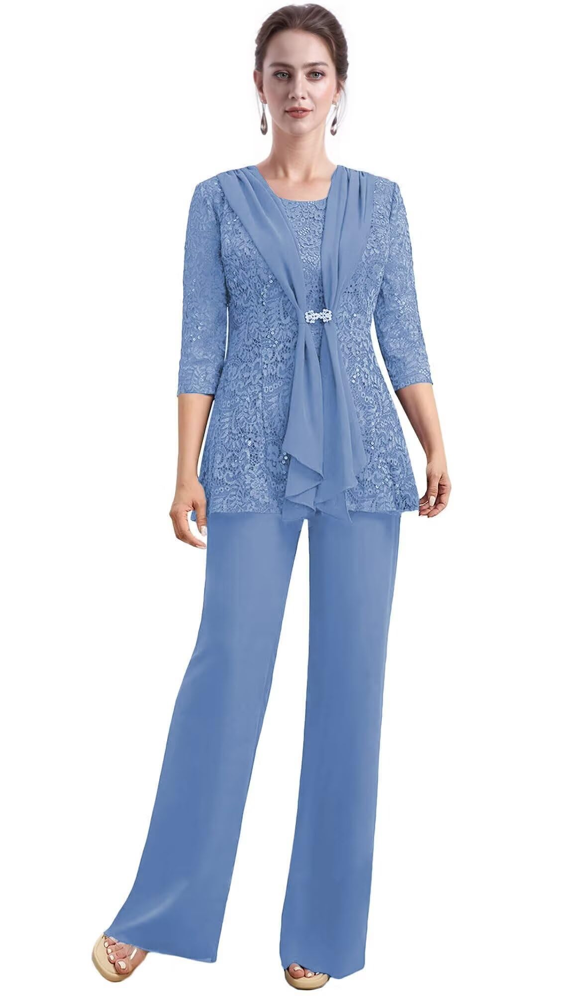 3 Piece Mother of The Bride Pant Suits with Lace Appliques for Women Dressy 3 4 Sleeve Wedding