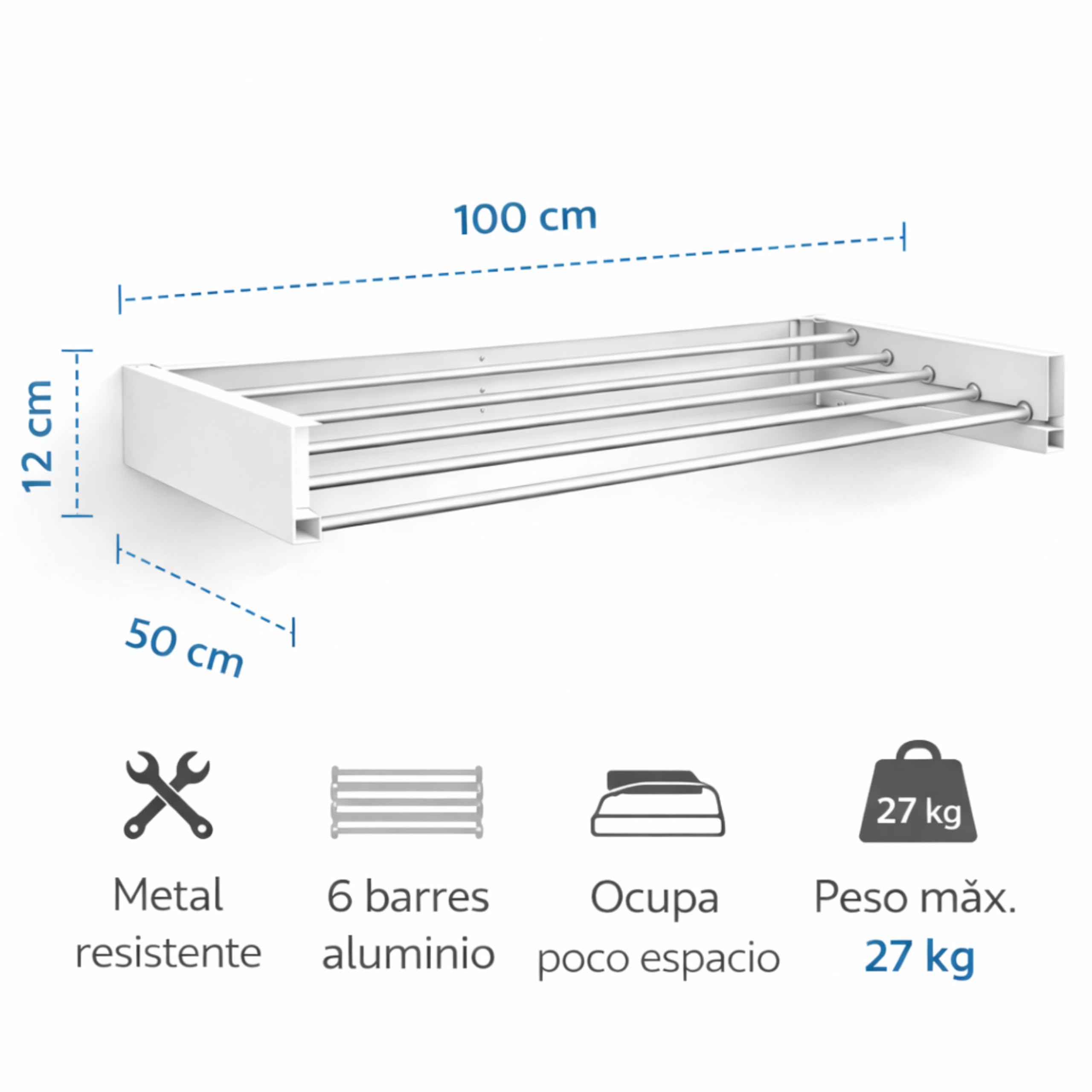 Tendedero Plegable de Pared Blanco 100 cm – Tendedero Extensible de Aluminio para Ropa, Interior y Exterior, Ahorro de Espacio, 6 Barras, Carga máxima 27 kg