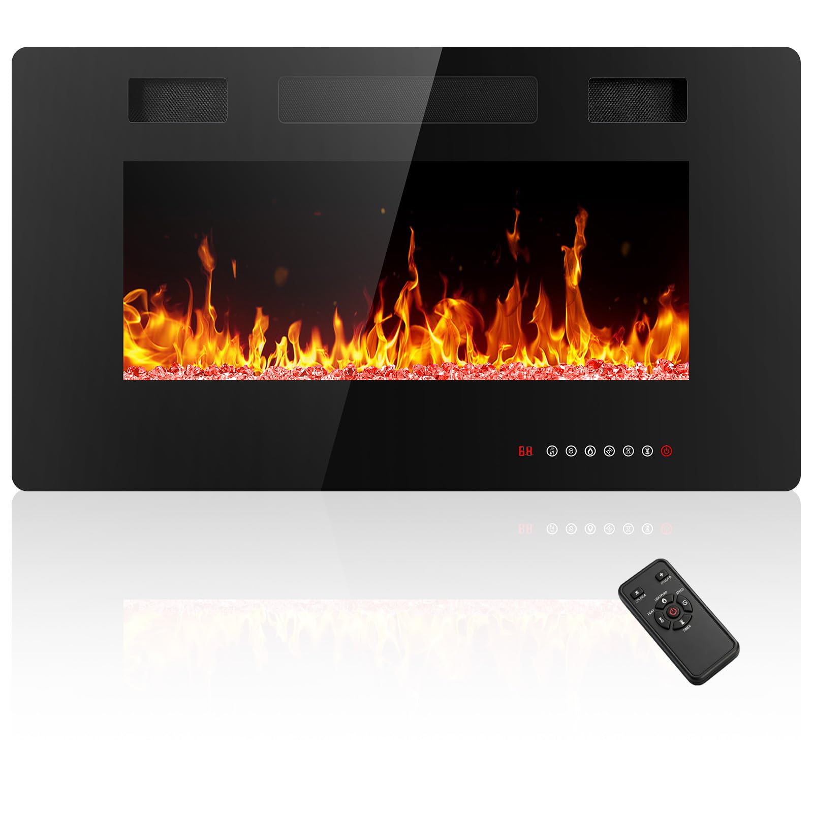 Přední view of the Electactic 30-inch electric fireplace with realistic flames.