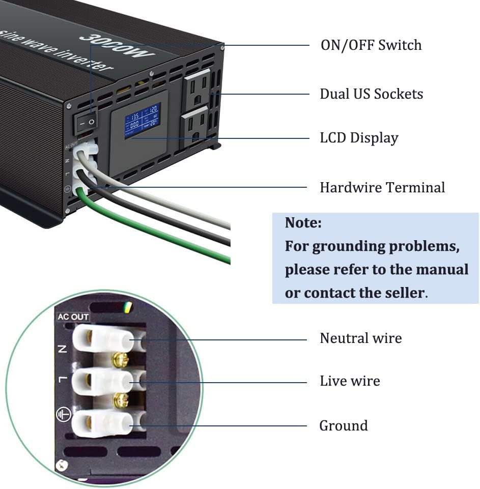 WZRELB Pure Sine Wave Inverter 3000W 24VDC to 120VAC Solar Power Peak 6000W Converter Truck RV Home LCD Display, Black (LN300024)