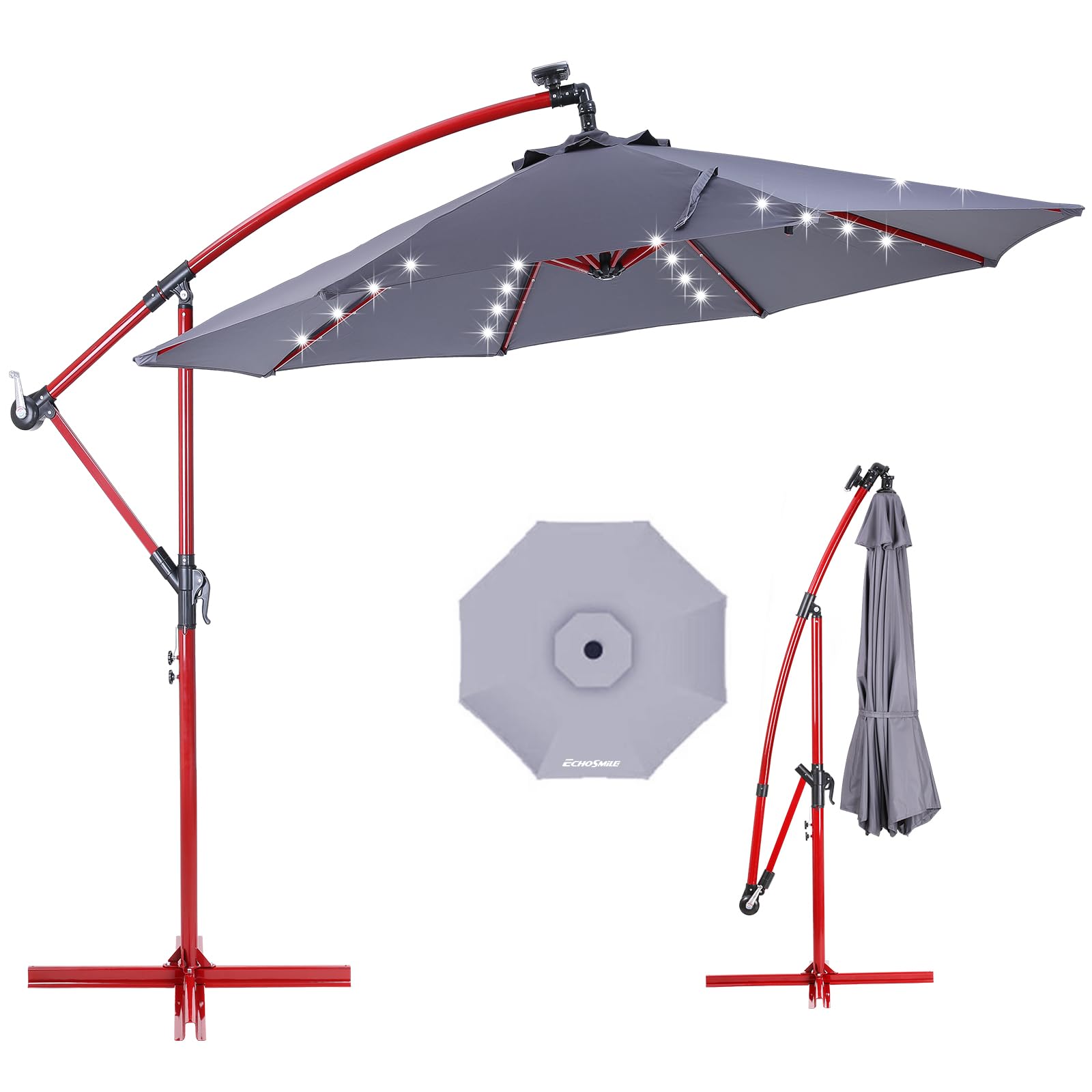 Photo 1 of ** FACTORY SEALED ** EchoSmile 10ft Solar Offset Umbrella With 8 Ribs and 32 Led Lights Cantilever Hanging Outdoor Umbrella w/easy Tilt Adjustment & Uv Protection Suitable For Gardens, Lawns, Decks, Backyards, Gray