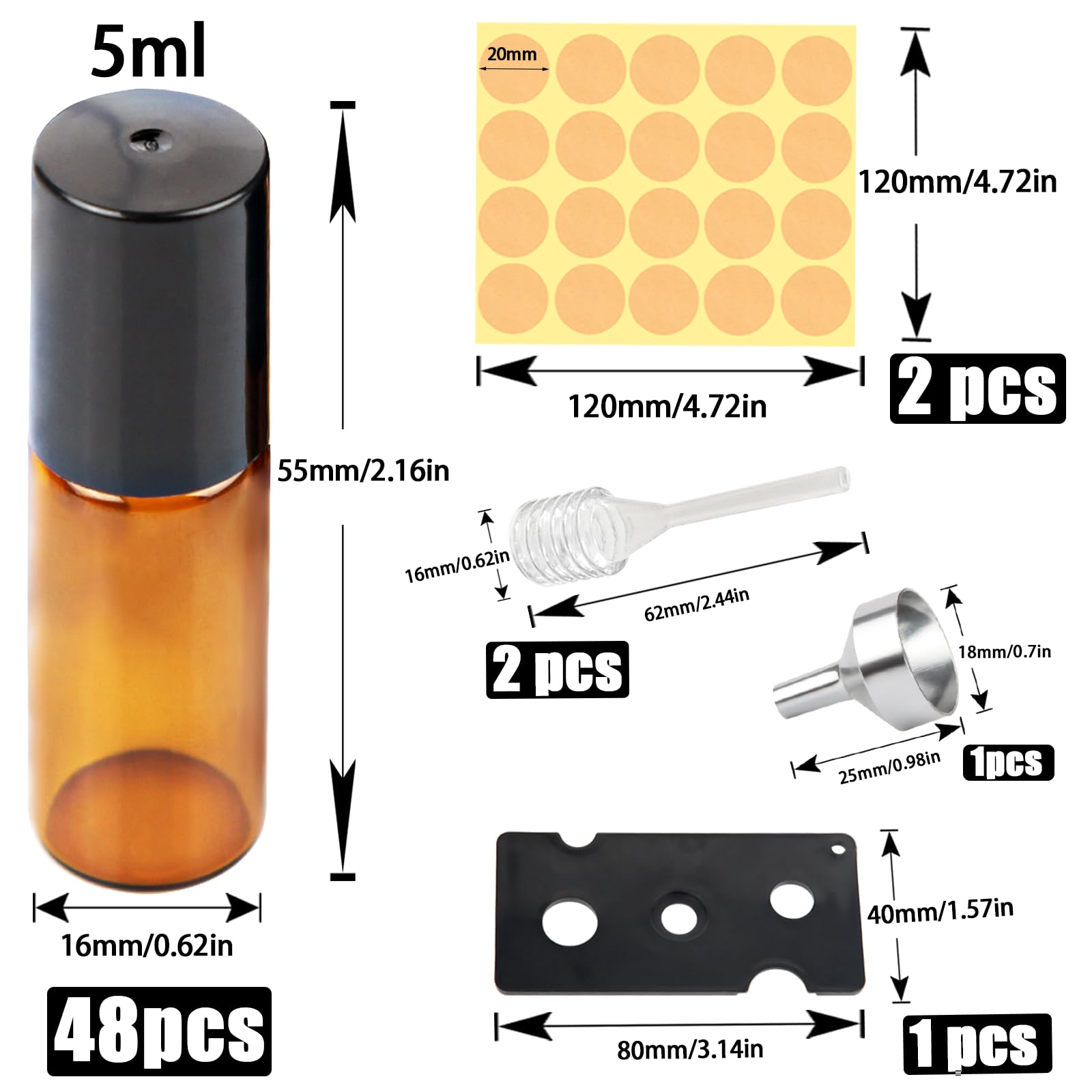 Roll on Botellas de cristal para aceite esencial, 48 unidades de 5 ml, aceites esenciales vacío, con bolas de rodillo de acero inoxidable para aceites esenciales, perfumes